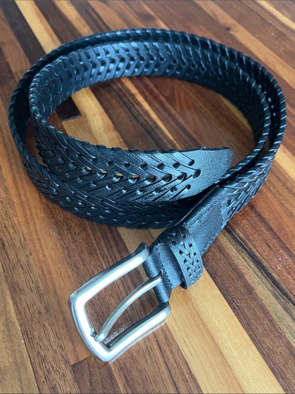 Black Genuine Leather Braided Woven Belt 2XL 53" Fully Adjustable 1.5"